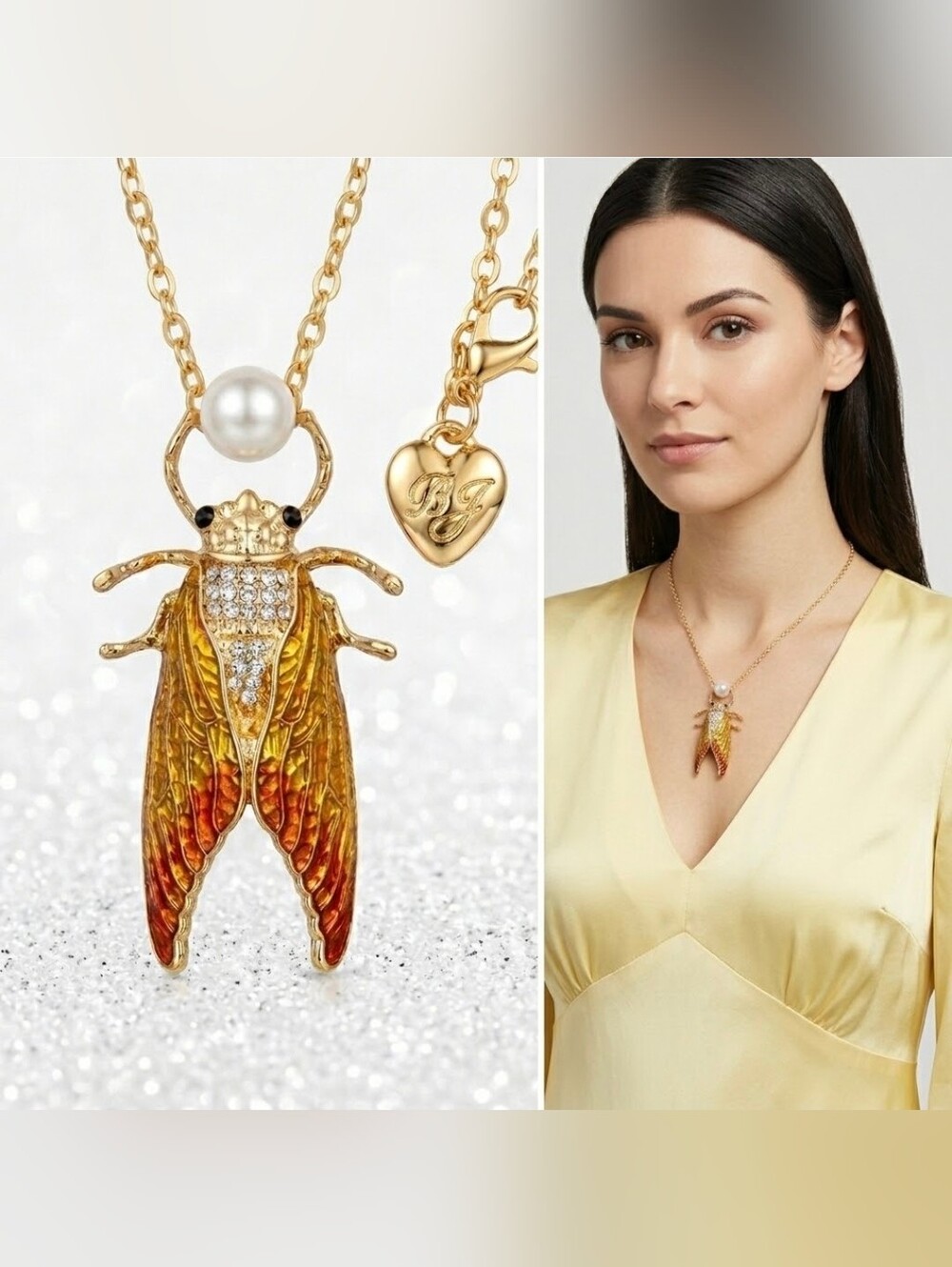 Gold Citrine Enamel Cicada Necklace & Brooch With Pearl Accent
